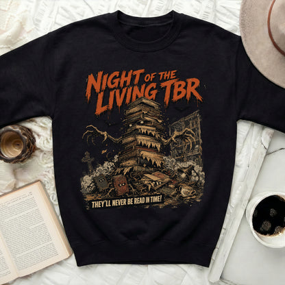Black sweatshirt with "Night of the Living TBR" and books design.