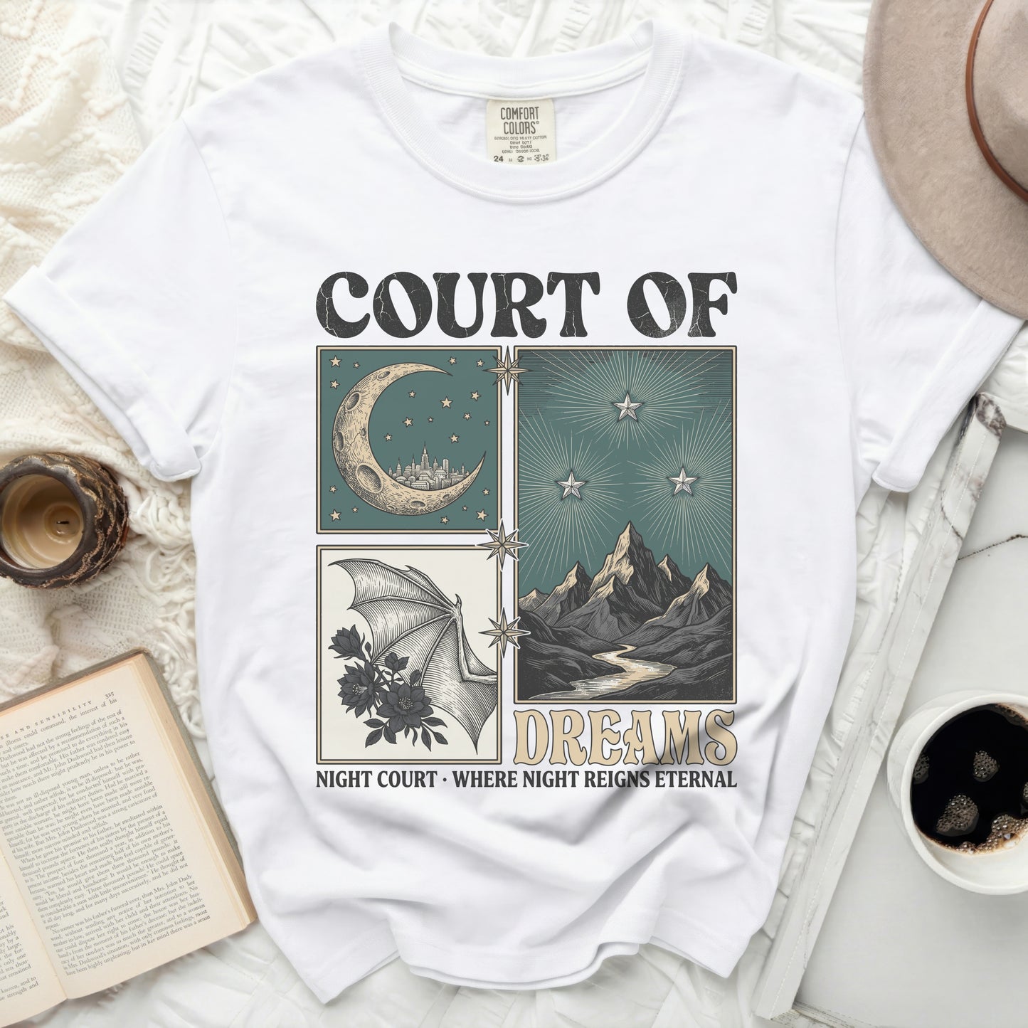 White t-shirt with "COURT OF DREAMS NIGHT COURT WHERE NIGHT REIGNS ETERNAL" graphic.