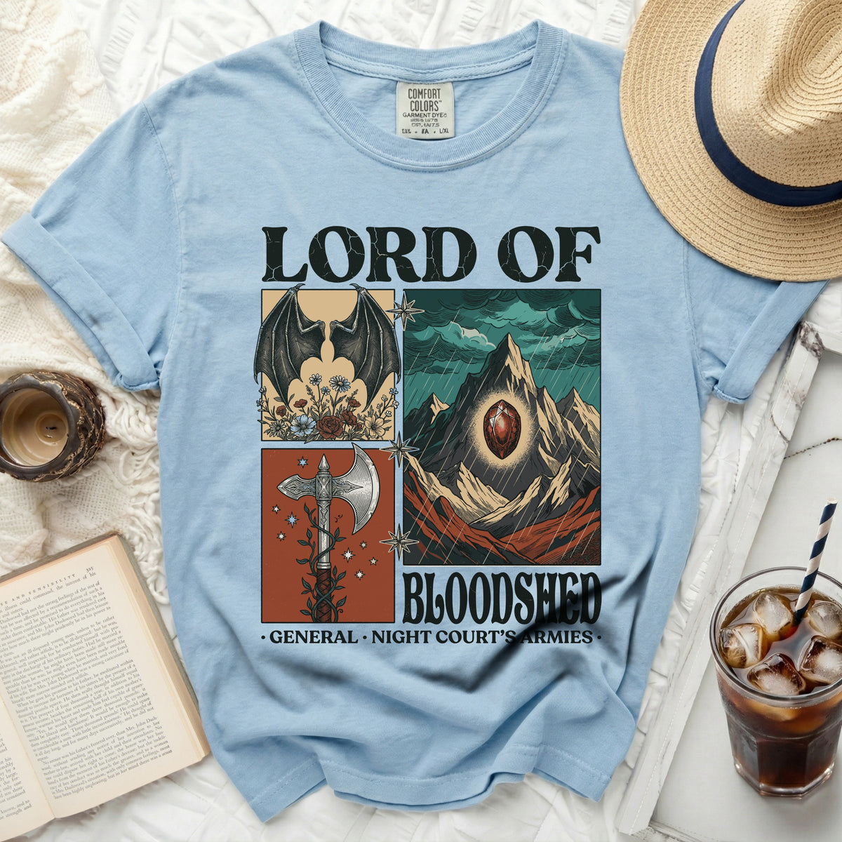 Lord of Bloodshed t-shirt with dragon wings, axe, and mountain jewel designs.
