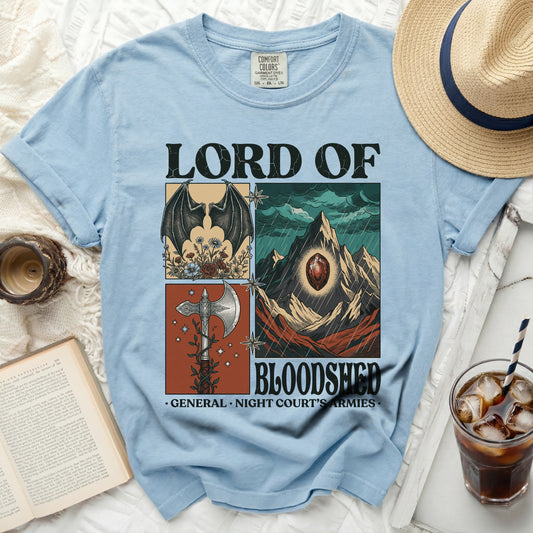 Lord of Bloodshed t-shirt with dragon wings, axe, and mountain jewel designs.
