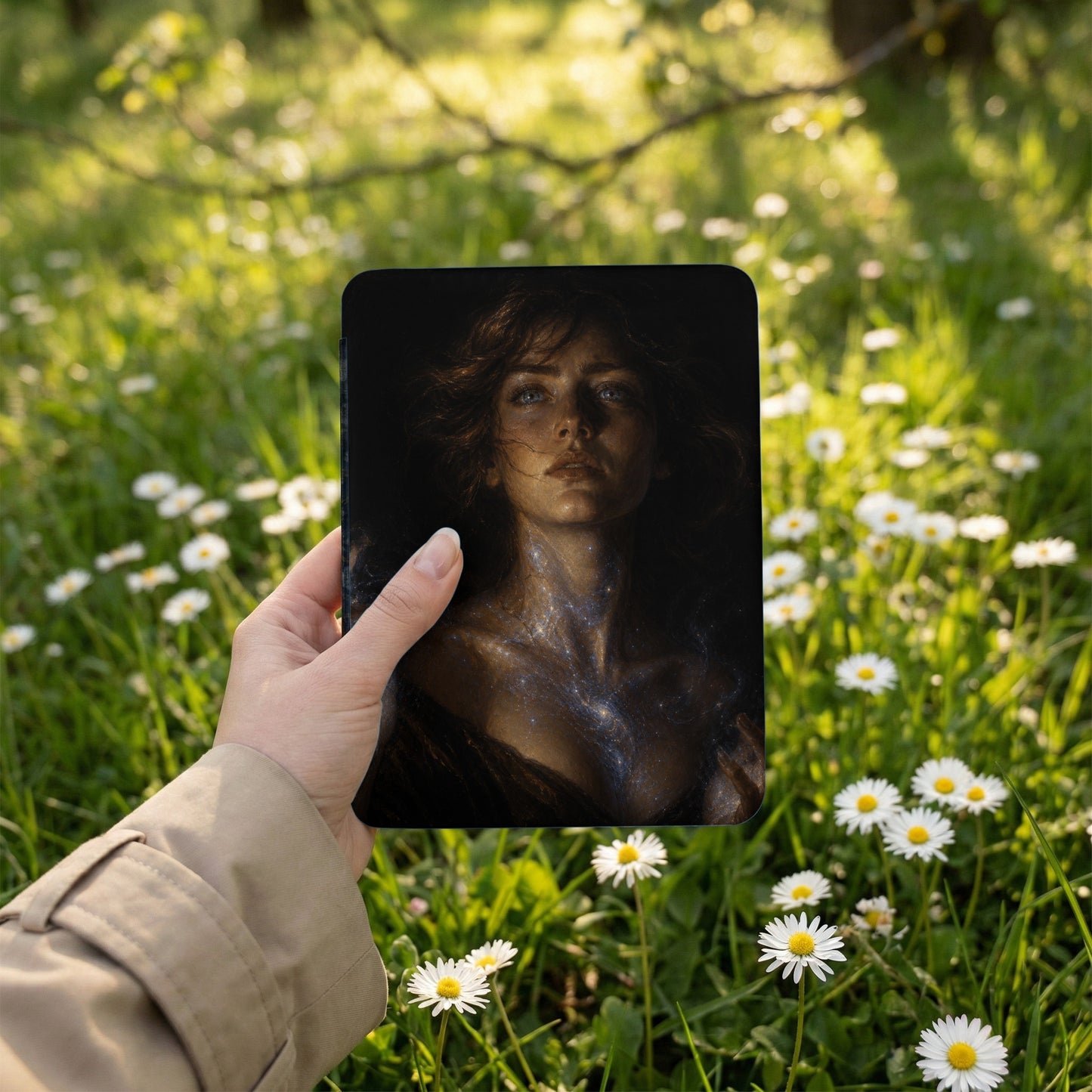 Hand holding a tablet displaying a starry-skinned woman within a field of daisies.