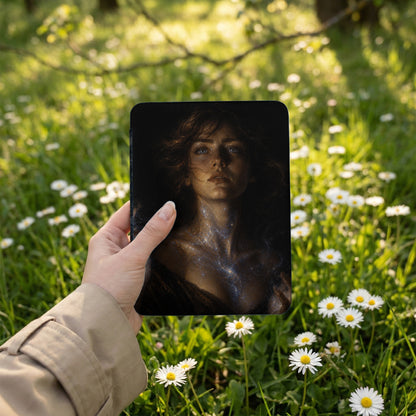 Hand holding a tablet displaying a starry-skinned woman within a field of daisies.