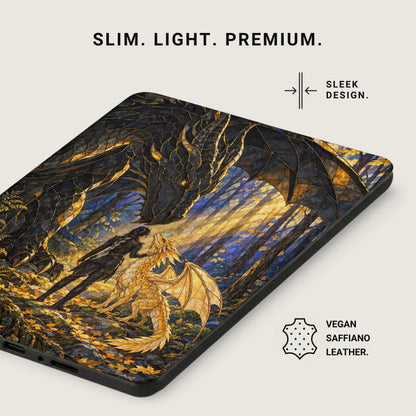 Case featuring dragons and forest art, with text "Slim. Light. Premium." and "Vegan Saffiano Leather."
