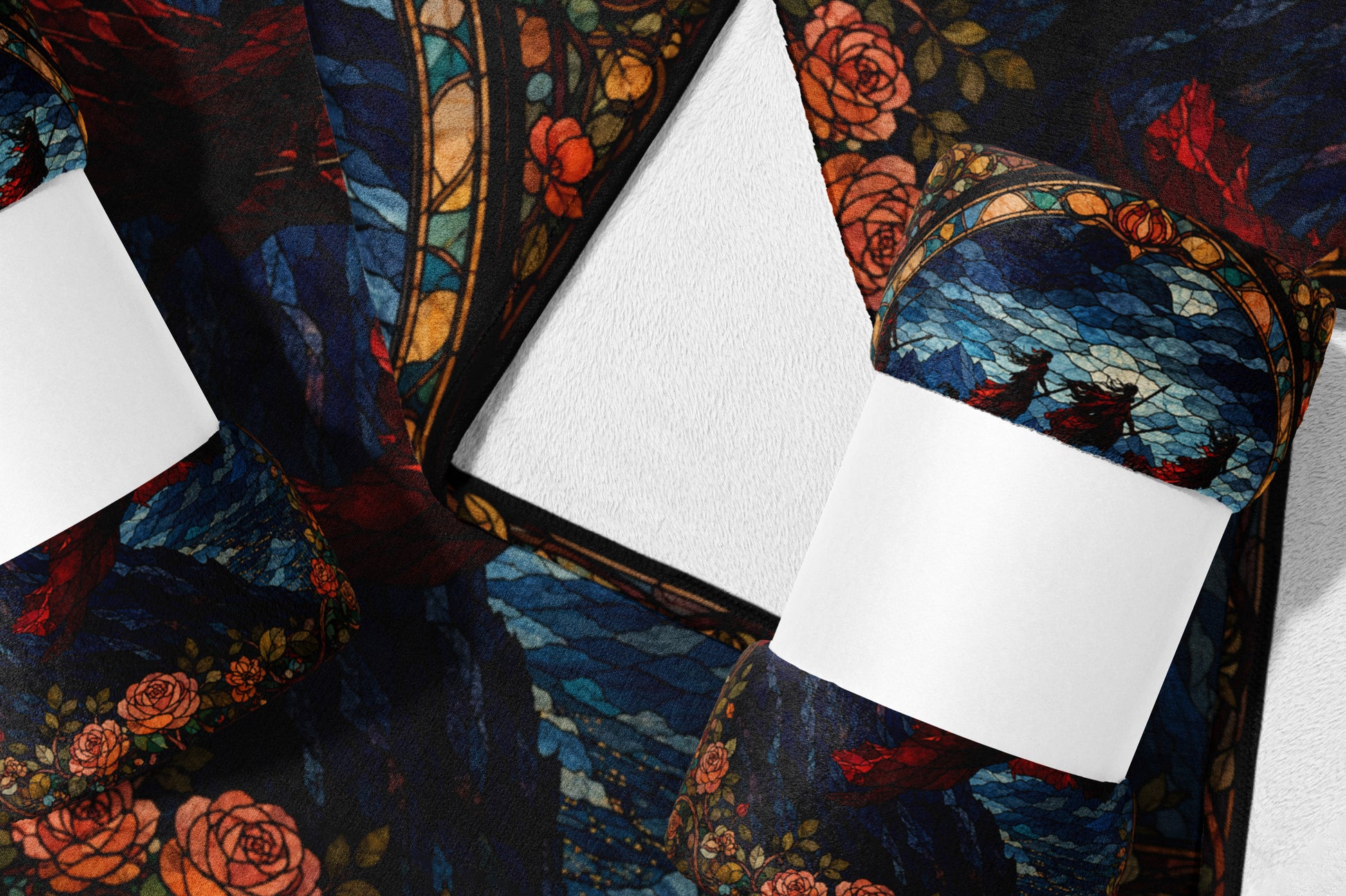 Dark fabric with stained glass pattern of roses and figures