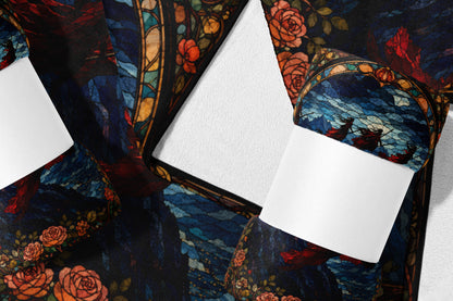 Dark fabric with stained glass pattern of roses and figures