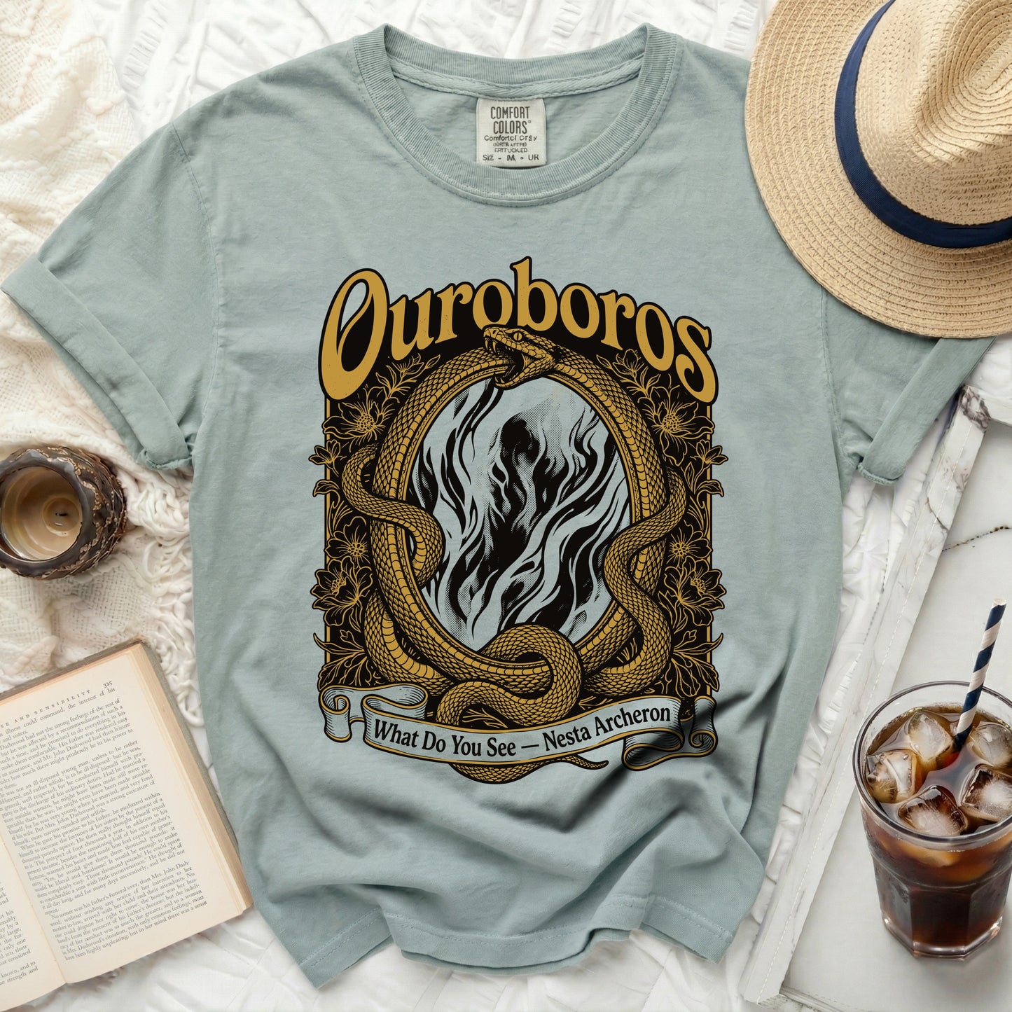 Ouroboros graphic t-shirt with snakes, flames, and text "What Do You See - Nesta Archeron".