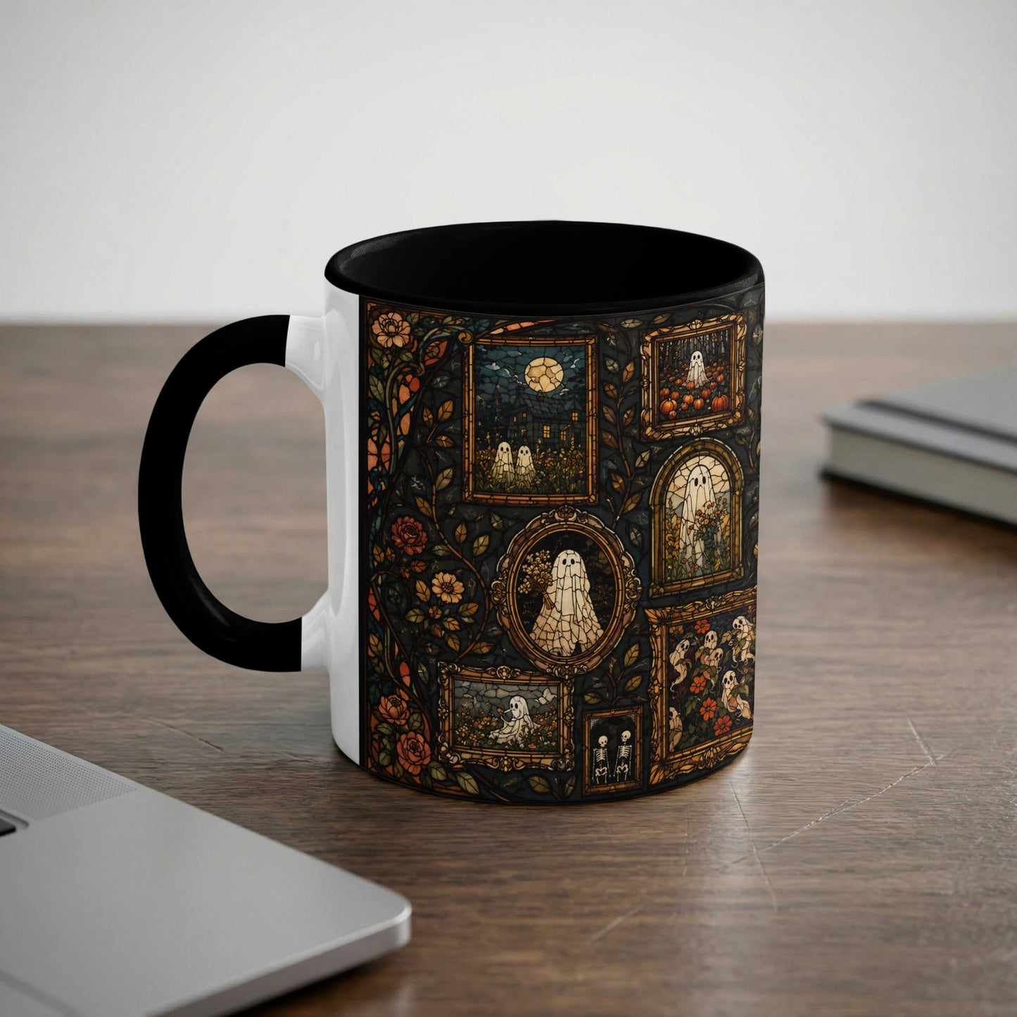 Mug with a stained-glass style pattern featuring ghosts, pumpkins, and flowers.