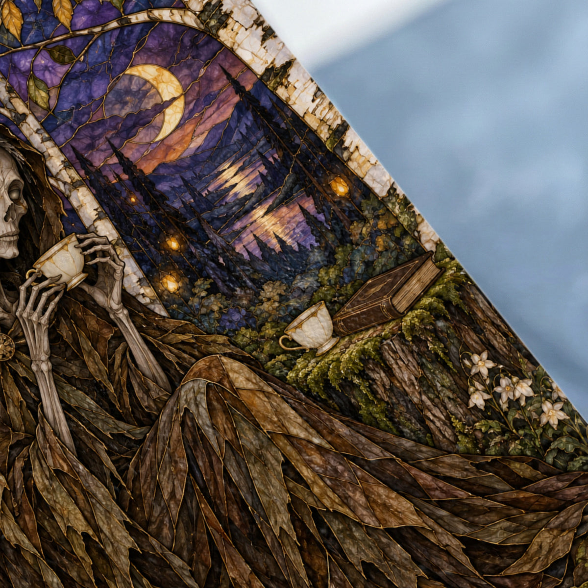Skeleton figure in tattered cloak drinks tea by moonlit forest and book.