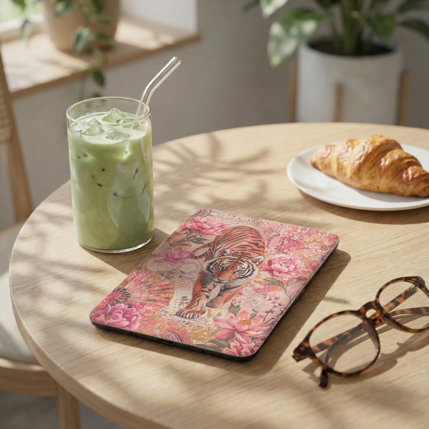 Tablet case with tiger and floral print, next to iced matcha and a croissant.