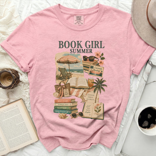 Pink t-shirt with "Book Girl Summer" graphic and beach imagery.