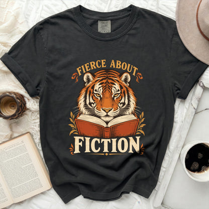 Black t-shirt with tiger, open book, and text "Fierce About Fiction".