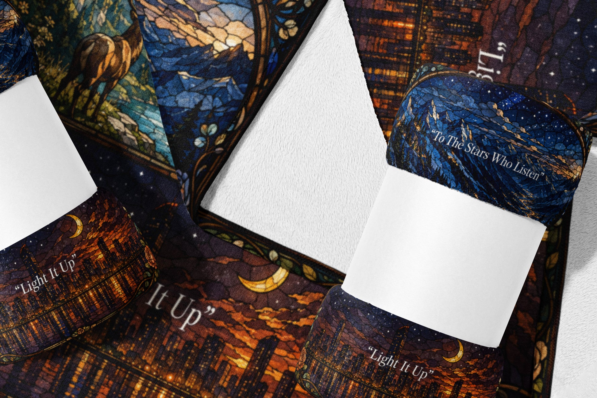 Textile with stained-glass city skyline, moon, and quote "Light It Up".