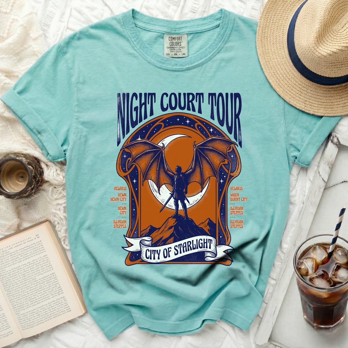 Teal Comfort Colors shirt with "Night Court Tour" and "City of Starlight" graphic.
