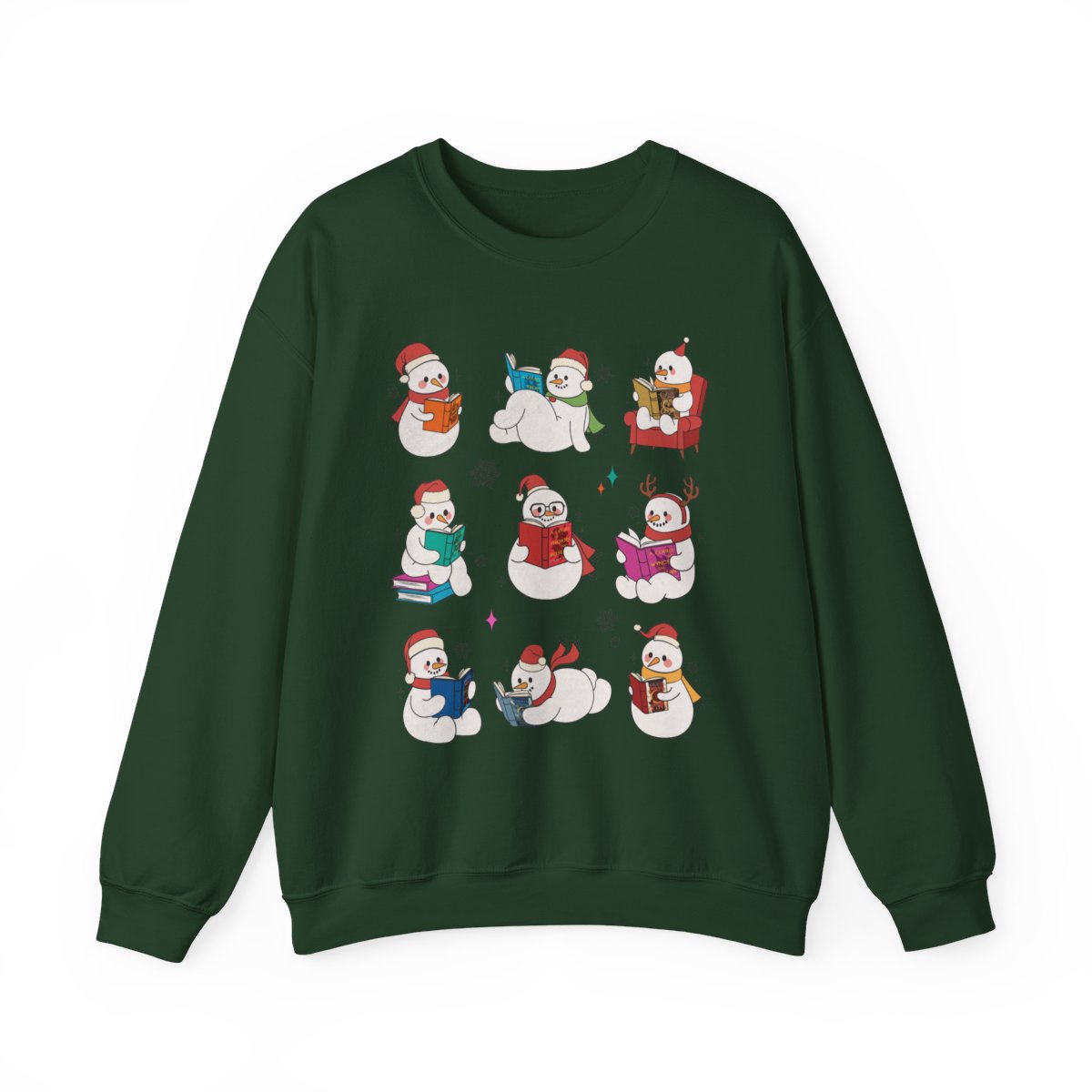 Cute Snowmen Reading Books Green Sweater