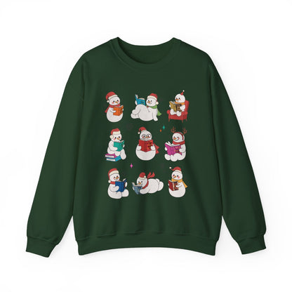 Cute Snowmen Reading Books Green Sweater