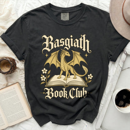 Black t-shirt with gold dragon on open book and "Basgiath Book Club" text.