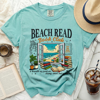 Teal t-shirt with "Beach Read Book Club" graphic and beach scene.