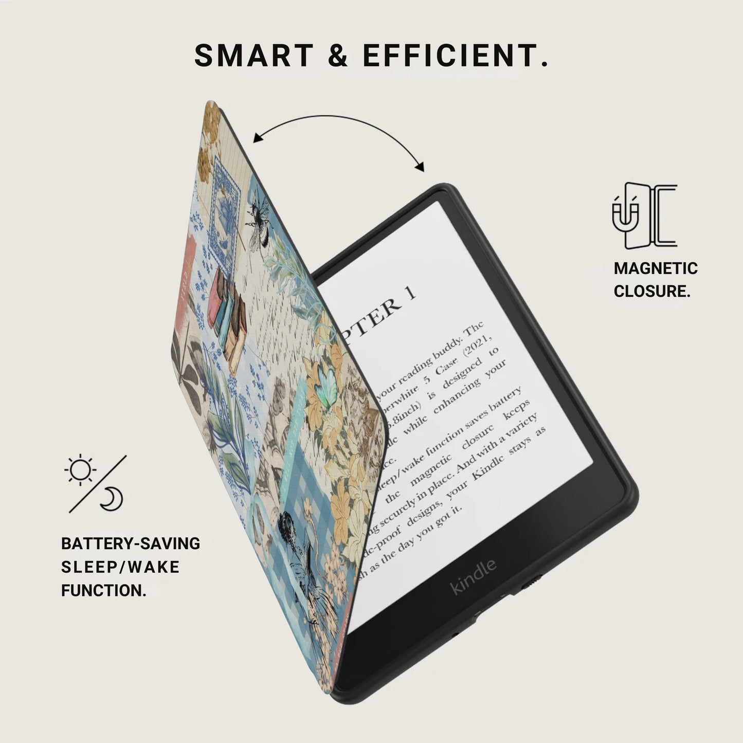 Kindle with a patterned cover, magnetic closure, and battery-saving sleep/wake function.