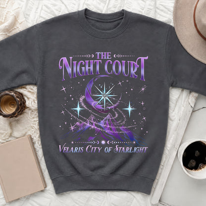 Dark grey sweatshirt with "The Night Court" and "Velaris City of Starlight" text.