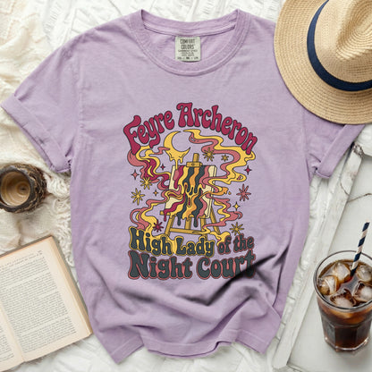 Purple t-shirt with "Feyre Archerton High Lady of the Night Court" graphic.