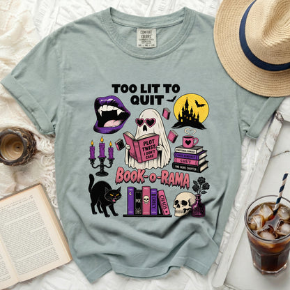 Graphic tee with text "Too Lit To Quit" and "Book-o-Rama".