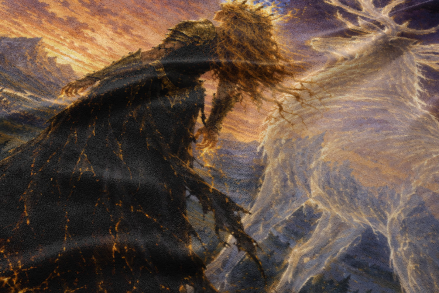 A figure with dark, tattered robes faces a luminous stag against a dramatic sunset.