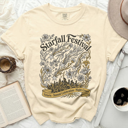 Cream t-shirt with "Starfall Festival" and cityscape design.