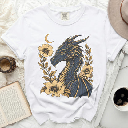 White t-shirt with a dark blue and gold dragon and yellow flowers graphic.