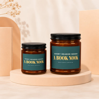 Two amber glass jars with black lids, one larger than the other.