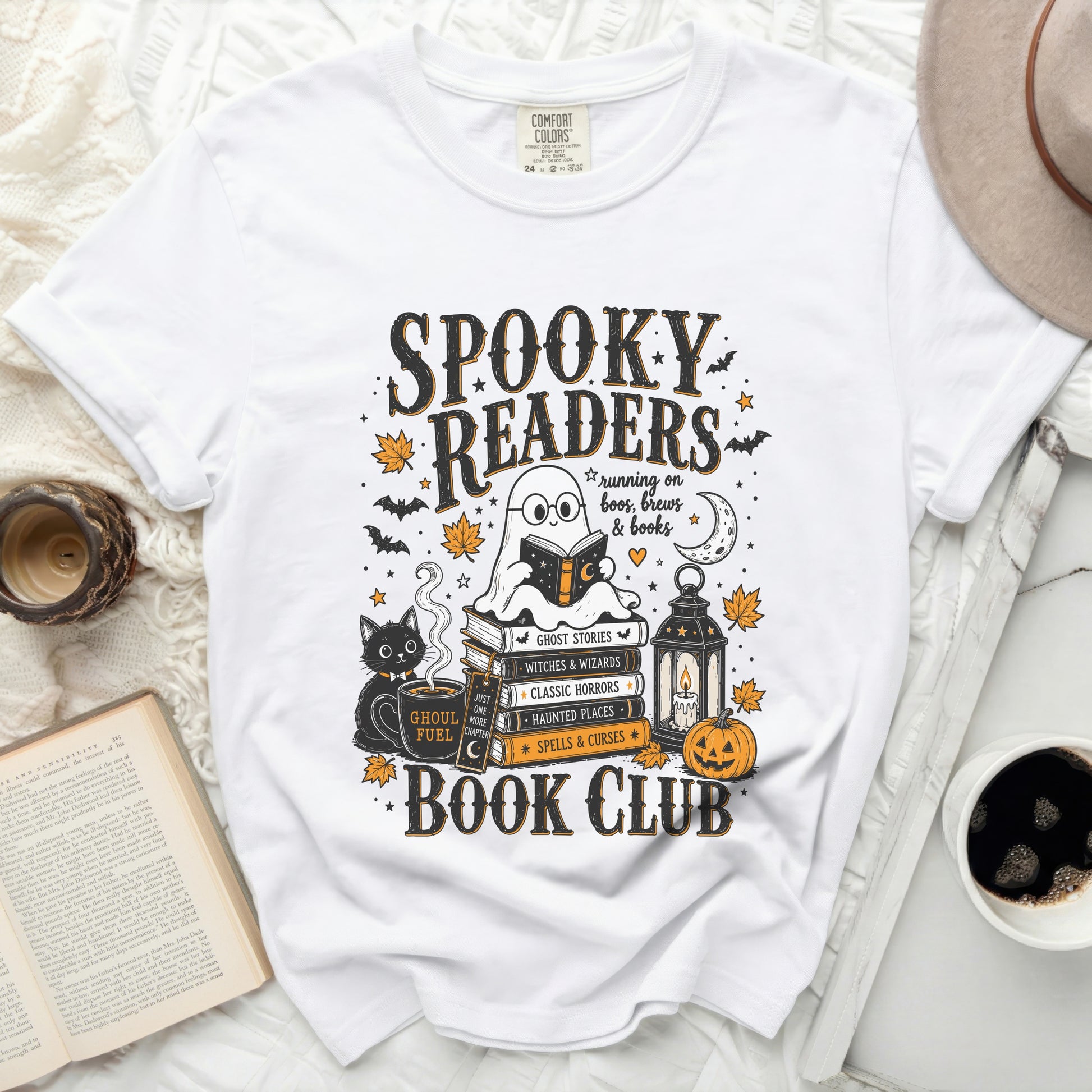 Spooky Readers Book Club graphic on a white t-shirt with Halloween themes.