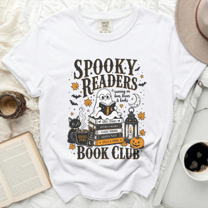 Spooky Readers Book Club graphic on a white t-shirt with Halloween themes.