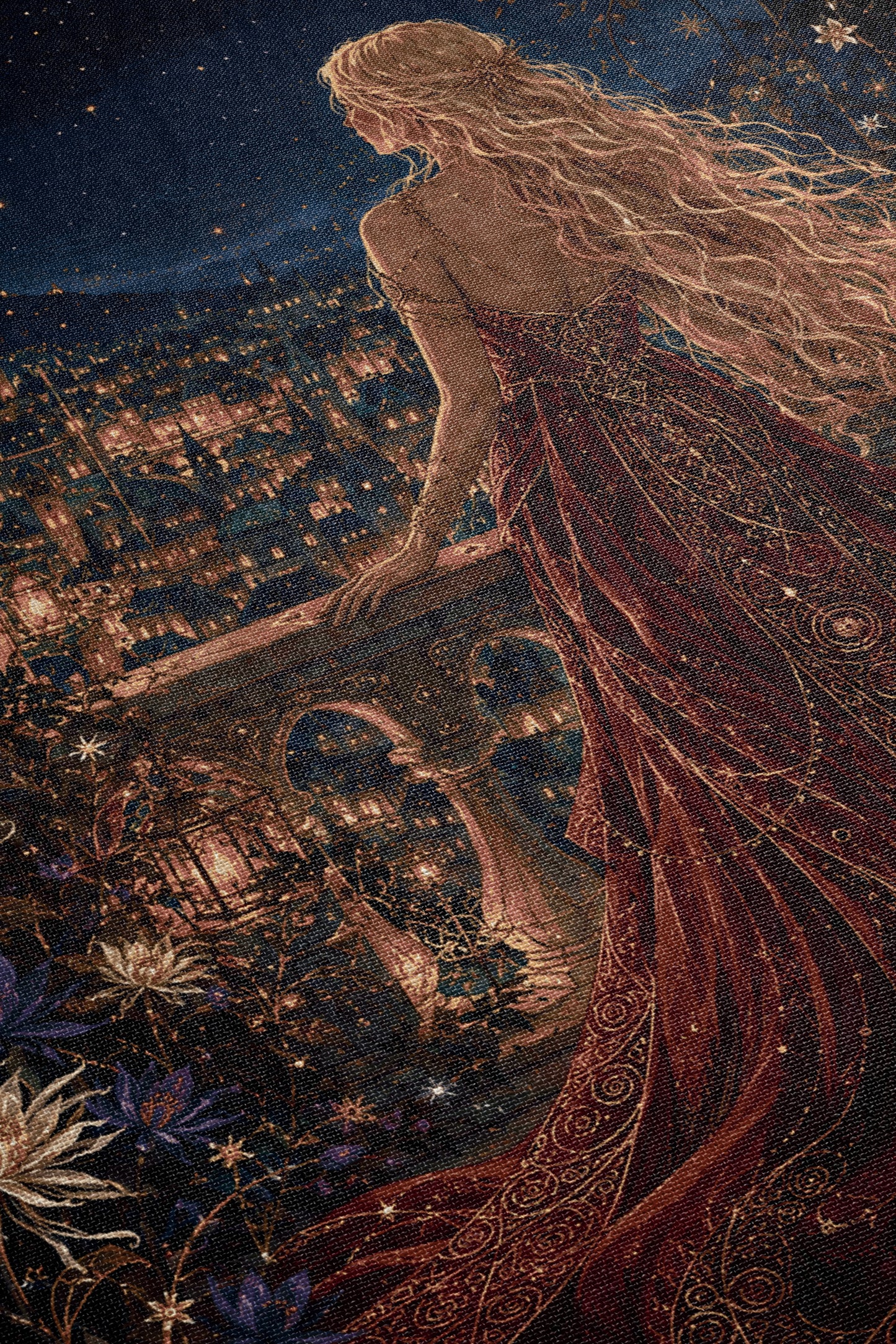 a woman with long, flowing hair standing in a cityscape at night, wearing a red dress.