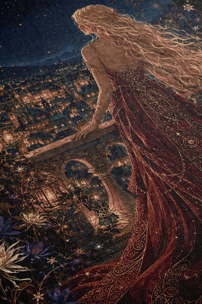 a woman with long, flowing hair standing in a cityscape at night, wearing a red dress.