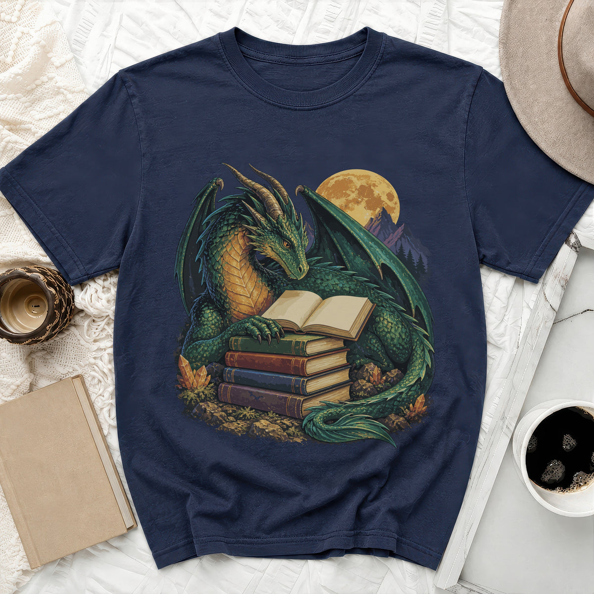 Green dragon reading a book on a stack of books under a full moon.