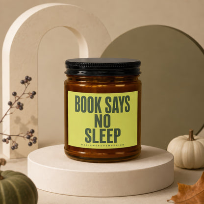 Amber glass jar with black lid, featuring a light green label with dark text that reads "BOOK SAYS NO SLEEP".