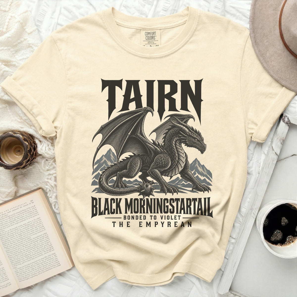 T-shirt with a black dragon graphic and text "TAIRN BLACK MORNINGSTARTAIL BONDED TO VIOLET THE EMPYREAN".