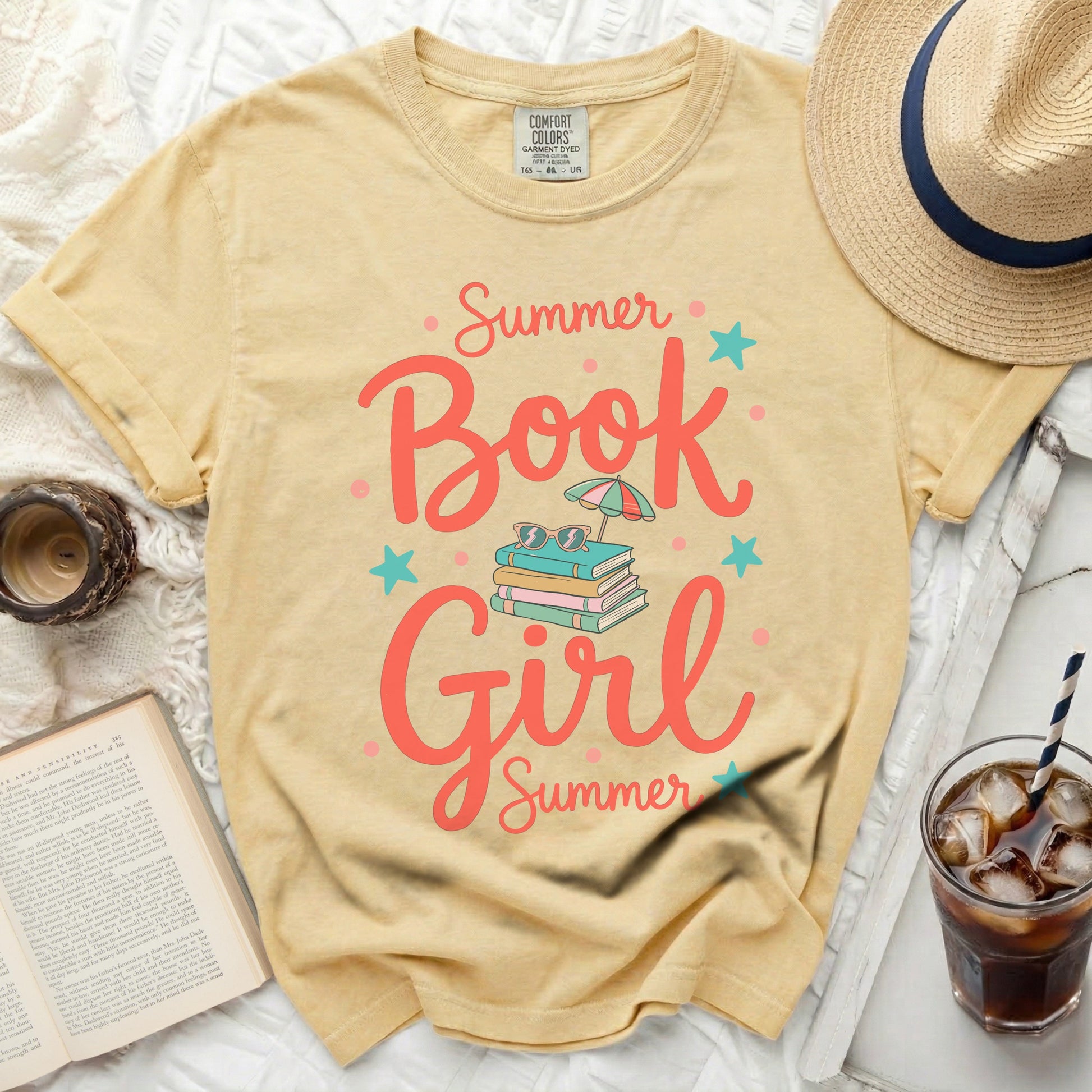 Yellow t-shirt with "Summer Book Girl" graphic and beach umbrella.