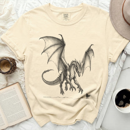 Cream t-shirt with a dragon graphic and the word "THRESHING" printed below.