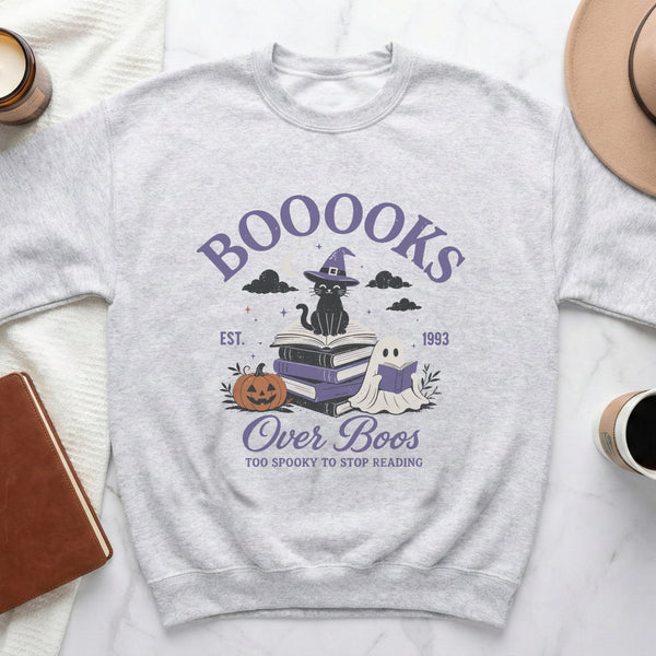 Boooks Over Boos Halloween Sweatshirt in Ash