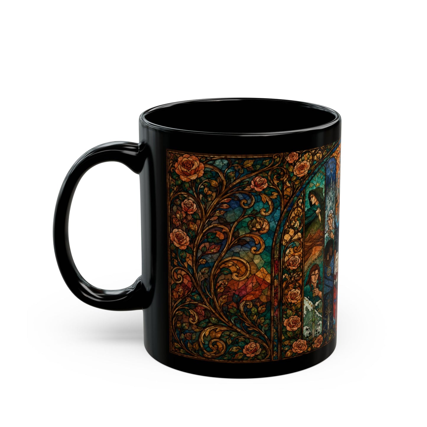 Black mug with stained glass art featuring roses and fantasy characters.
