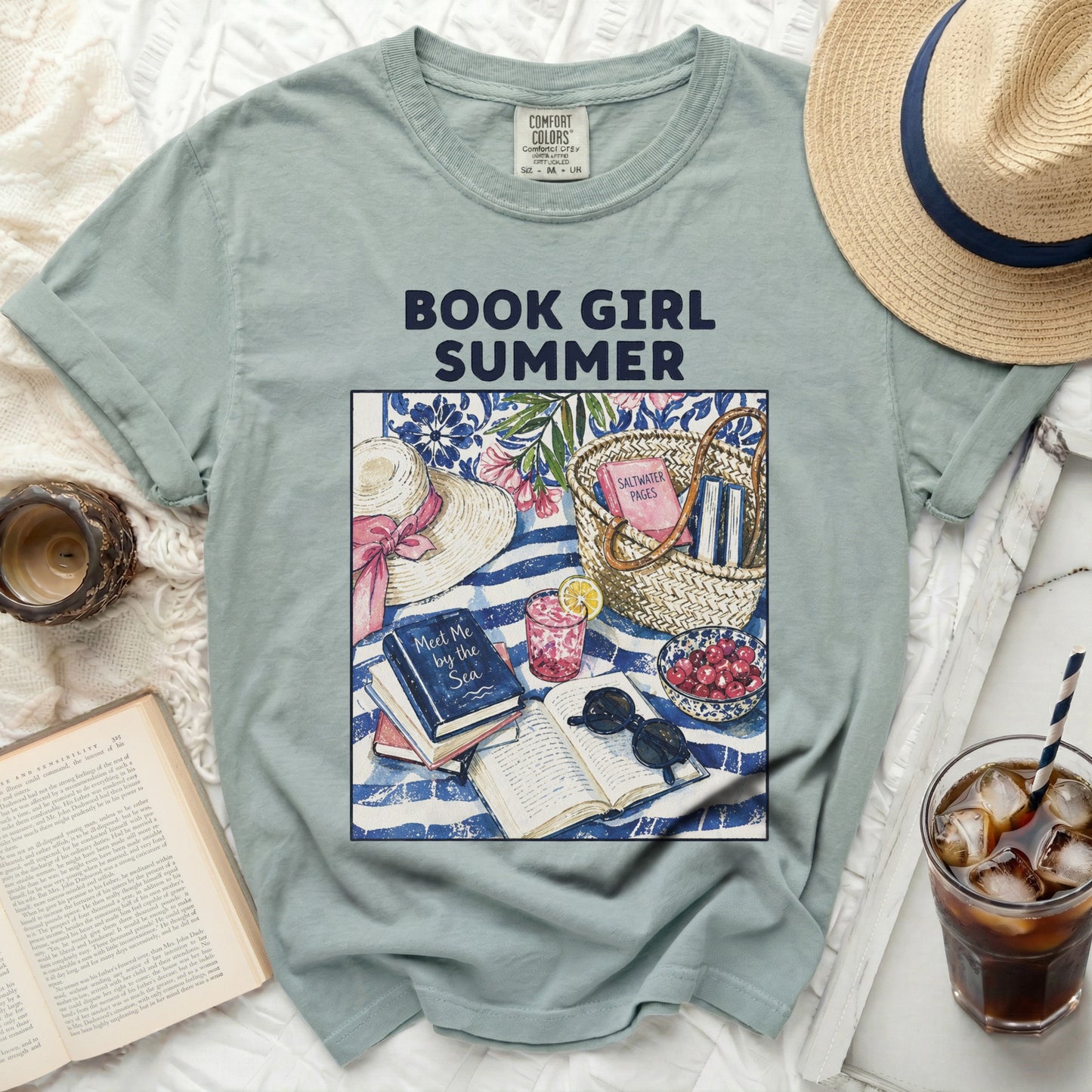T-shirt with "Book Girl Summer" text and beach scene graphic.