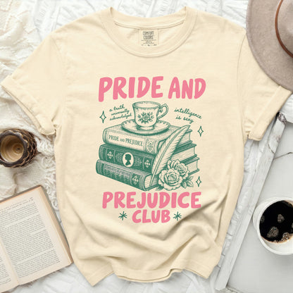 Cream t-shirt with "Pride and Prejudice Club" book graphic.
