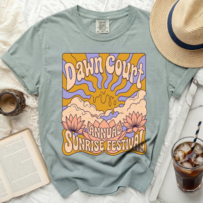 Dawn Court Annual Sunrise Festival graphic t-shirt with lotus flowers.