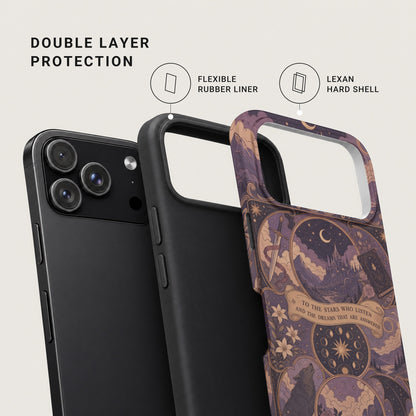 Diagram showing double layer phone case construction with a flexible rubber liner and hard shell.