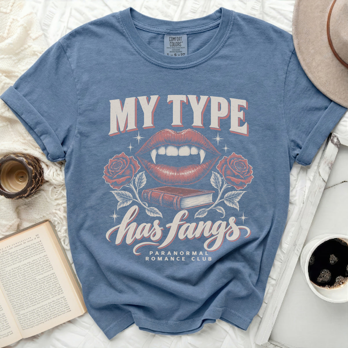 Blue t-shirt with "My Type has fangs" and vampire lips design.