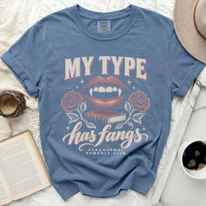 Blue t-shirt with "My Type has fangs" and vampire lips design.