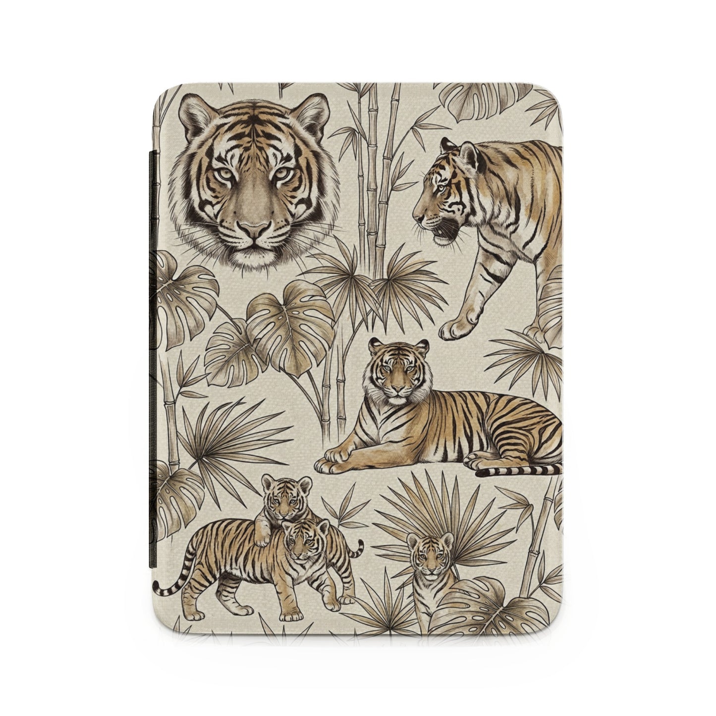 Patterned case with tigers and tropical plants on a textured beige background.