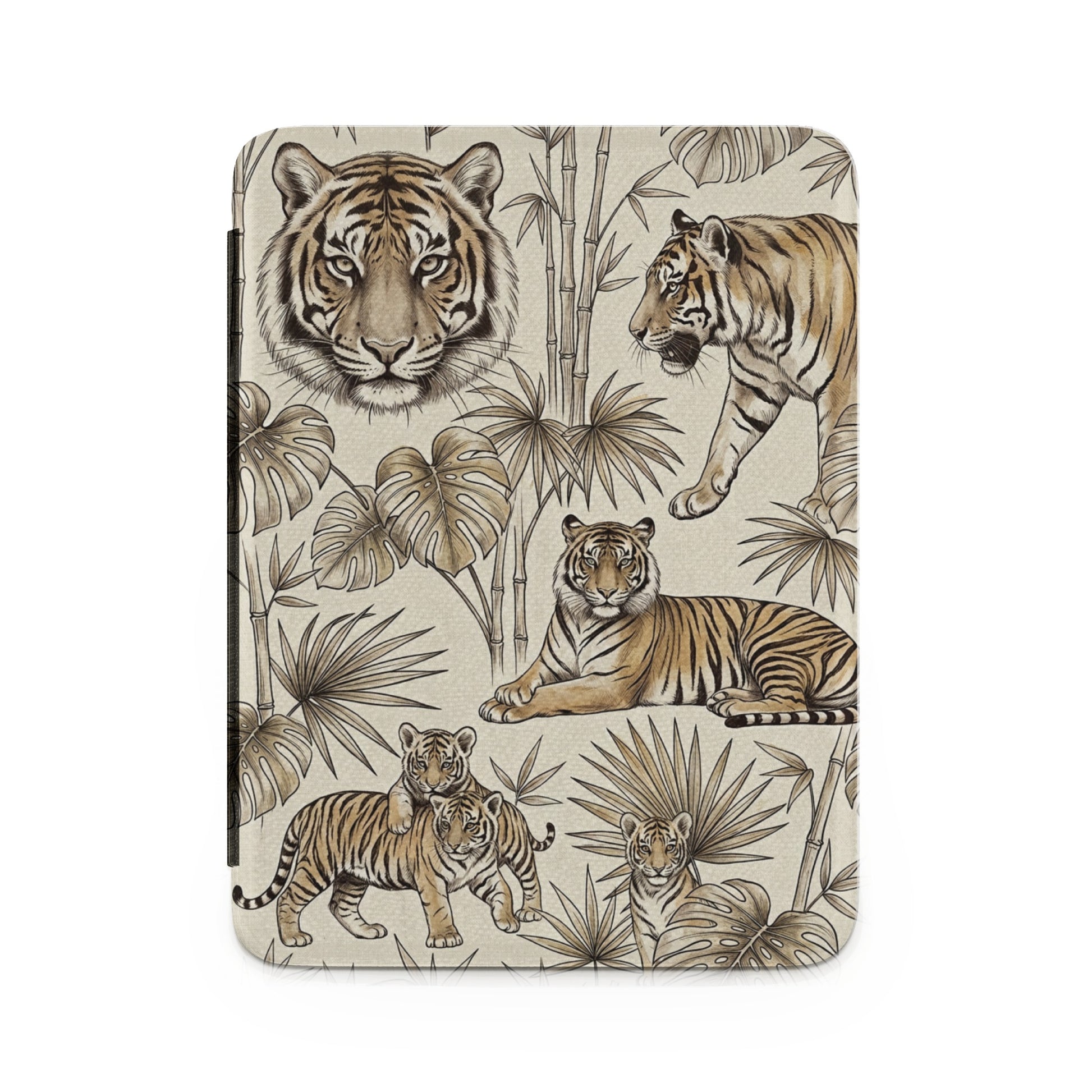 Patterned case with tigers and tropical plants on a textured beige background.