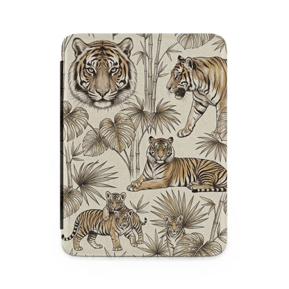 Patterned case with tigers and tropical plants on a textured beige background.