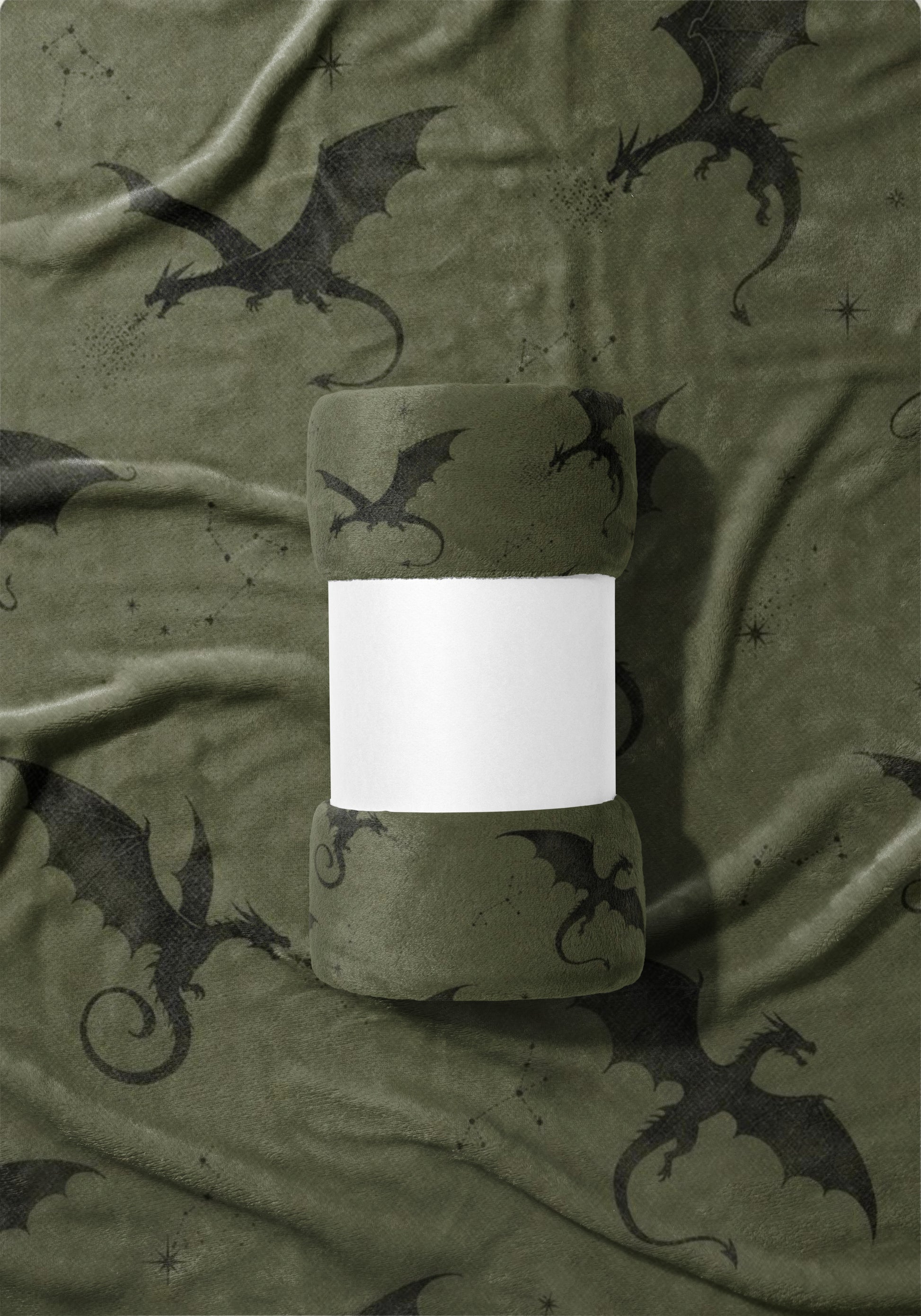 Olive green blanket with dark gray dragons and constellations pattern.